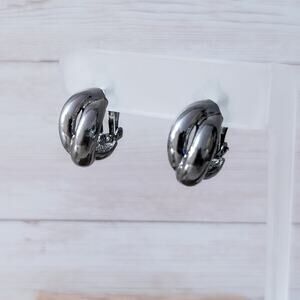 Vintage Clip On Earrings Dark Grey Twisted Chunky Hoops
